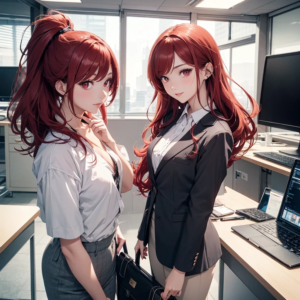 two beautiful young women, anime style, detailed faces, red hair, red eyes, delicate features, soft lighting, wearing tight-fitting stylish suits, standing together, professional yet friendly expressions, modern office background, one holding a briefcase, the other with a laptop, dynamic pose, Japanese anime style, high quality, highly detailed, 8k resolution, cinematic lighting, best quality, vibrant colors, Instagrammable, aesthetic, trendy
