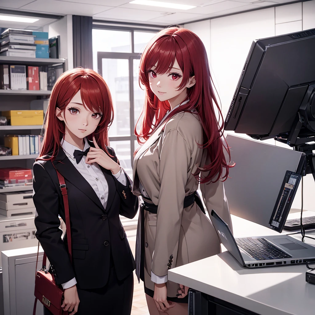 two beautiful young women, anime style, detailed faces, red hair, red eyes, delicate features, soft lighting, wearing tight-fitting stylish suits, standing together, professional yet friendly expressions, modern office background, one holding a briefcase, the other with a laptop, dynamic pose, Japanese anime style, high quality, highly detailed, 8k resolution, cinematic lighting, best quality, vibrant colors, Instagrammable, aesthetic, trendy