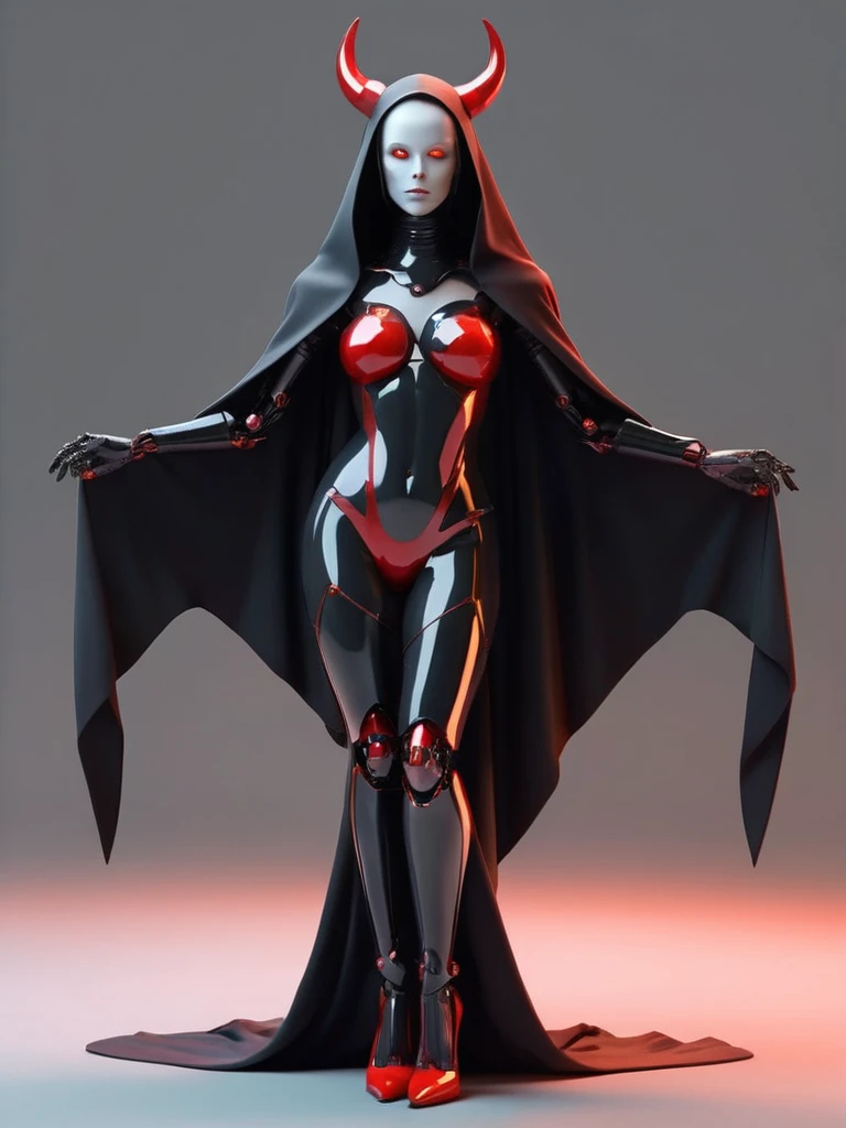 ral-opal, meahophontron, full body, woman robot face, devil nun, , looking at camera, body nun clothes, red eyes, primer plano looking at camera, realist, beautifull woman,  face, black clothes, gray and red, red cape and red heels, posing sensually.