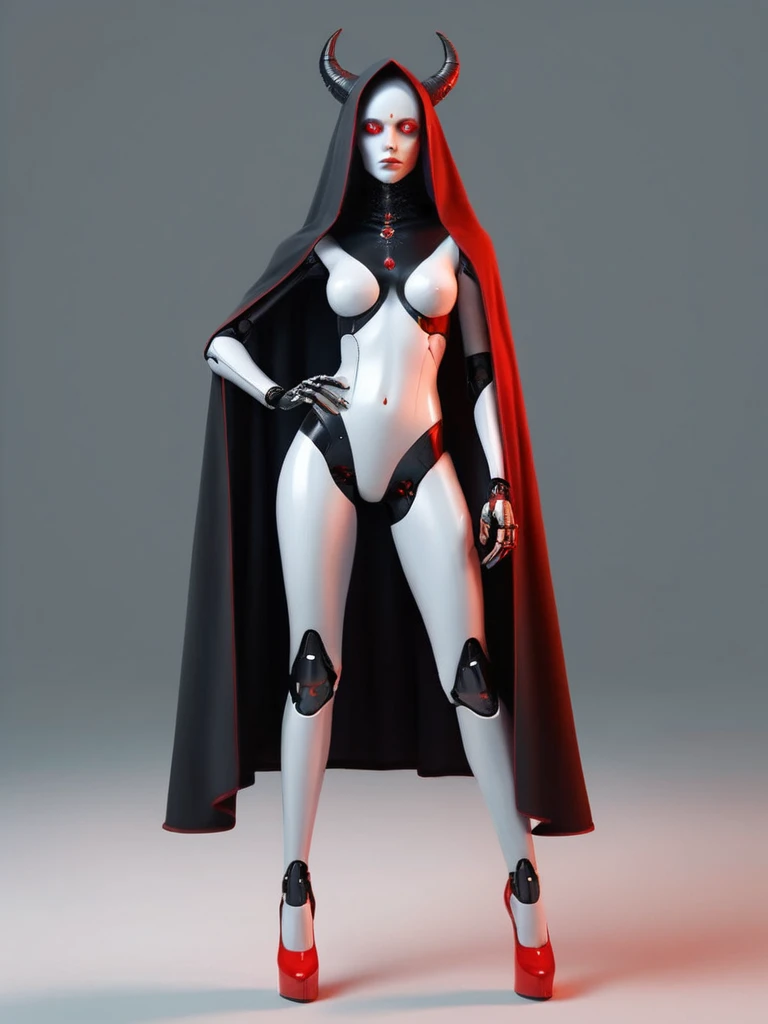 ral-opal, meahophontron, full body, woman robot face, devil nun, , looking at camera, body nun clothes, red eyes, primer plano looking at camera, realist, beautifull woman, sexy face, black clothes, gray and red, red cape and red heels, posing sensually.