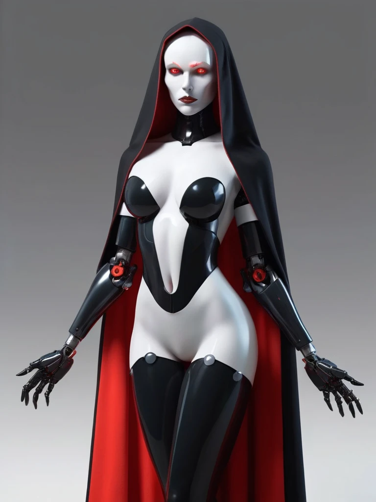 ral-opal, meahophontron, full body, woman robot face, devil nun, ?????, looking at camera, body nun clothes, red eyes, primer plano looking at camera, realist, beautifull woman, ???? face, black clothes, gray and red, red cape and red heels, posing sensually.