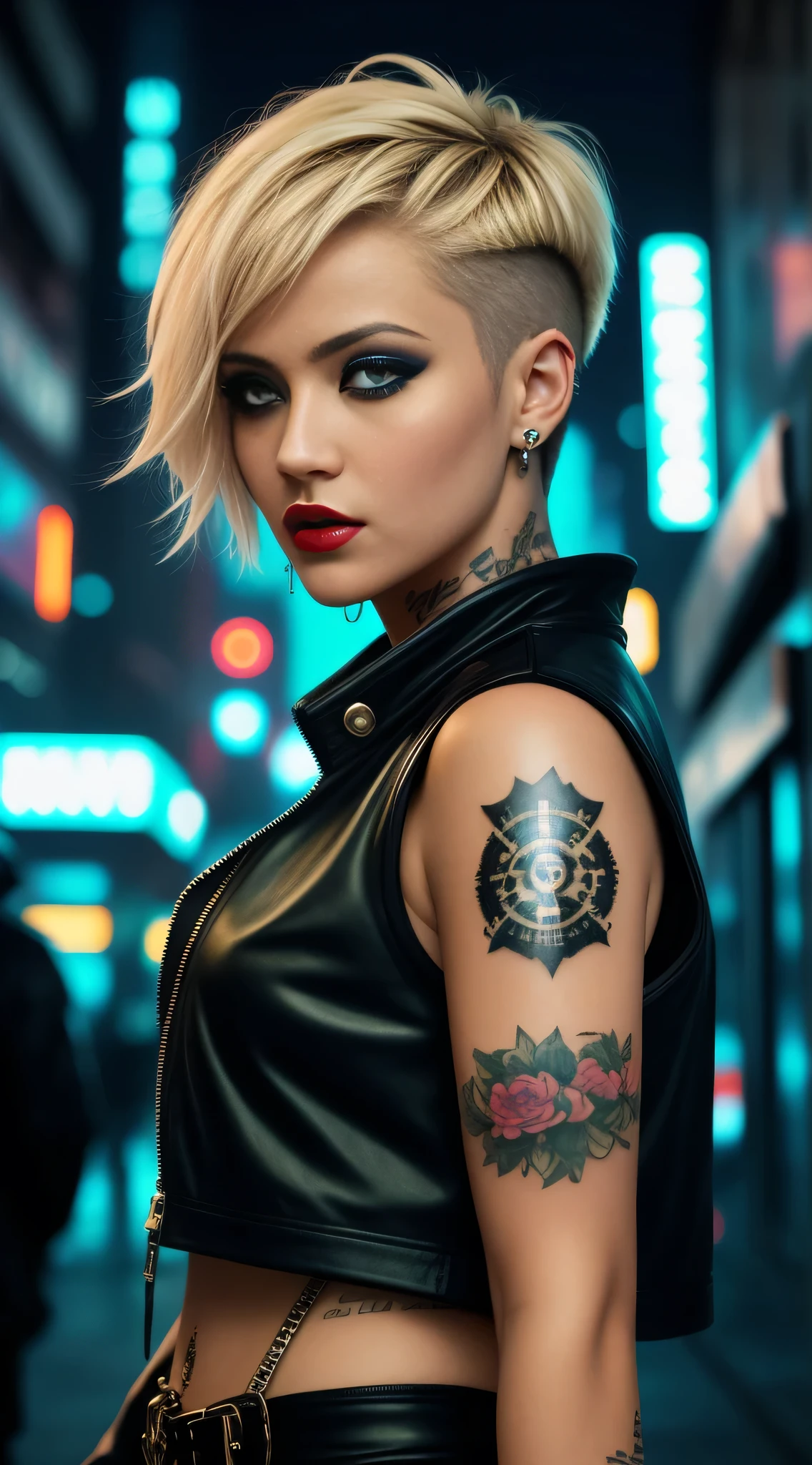 Close-up portrait, a beautiful fashionable Russian fashionable blonde hair, tattered outfit, short side cut hair, punk outfit, lipstick,
action movie scene, dystopian movie blade runner scene, night, bustling with neon signs, blade runner aesthetic, crowded people, movie cinematography,
trash gang, attractive person, high emphasis on detail, wearing weather technology equipment, trash gang, tattoos, nightlife, full of life, trash gang, action movie shot by Kon Satoshi,
Semi Impasto style, matte painting, atmospheric, bright, dramatic lighting, beautiful eyes, symmetrical eyes, perfect eyes