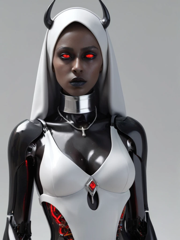 ral-opal, meahophontron, whole body, Woman robot face, devil nun, negro, looking to the camera, nun body clothing, Red eyes, primer plano looking to the camera, realist, Beautiful woman, cara sexy, black clothes, gray and red.