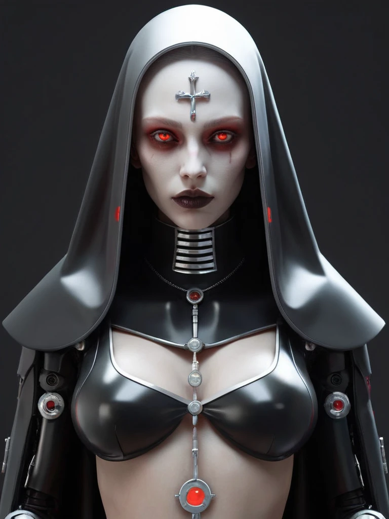 ral-opal, meahophontron, whole body, Woman robot face, devil nun, negro, looking to the camera, nun body clothing, Red eyes, primer plano looking to the camera, realist, Beautiful woman, cara sexy, black clothes, gray and red.