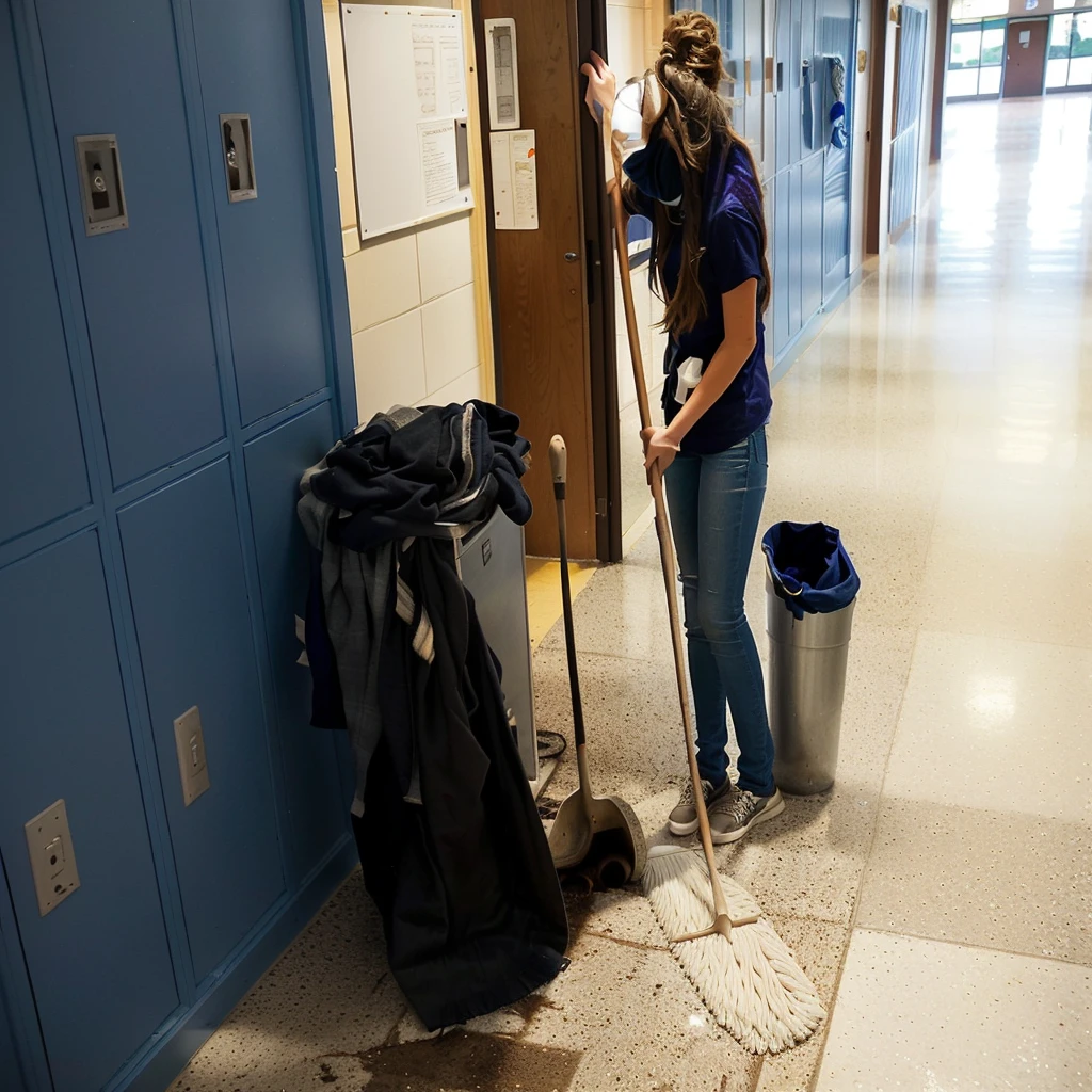 arafed woman sweeping the floor in a school hallway, high school, sweeping, clean detailed, super clean, miranda meeks, katey truhn, puttin, rachel wall, clean, alana fletcher, crisp and sharp, maintenance, clean line, jenna barton, b - roll, clean composition, nice composition, very clean, majestic sweeping action, perfect detail