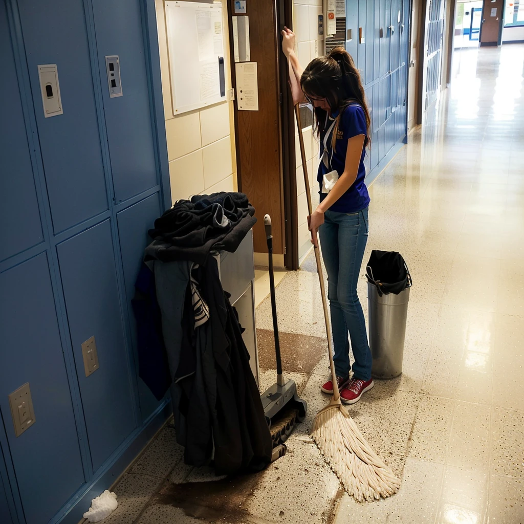 arafed woman sweeping the floor in a school hallway, high school, sweeping, clean detailed, super clean, miranda meeks, katey truhn, puttin, rachel wall, clean, alana fletcher, crisp and sharp, maintenance, clean line, jenna barton, b - roll, clean composition, nice composition, very clean, majestic sweeping action, perfect detail