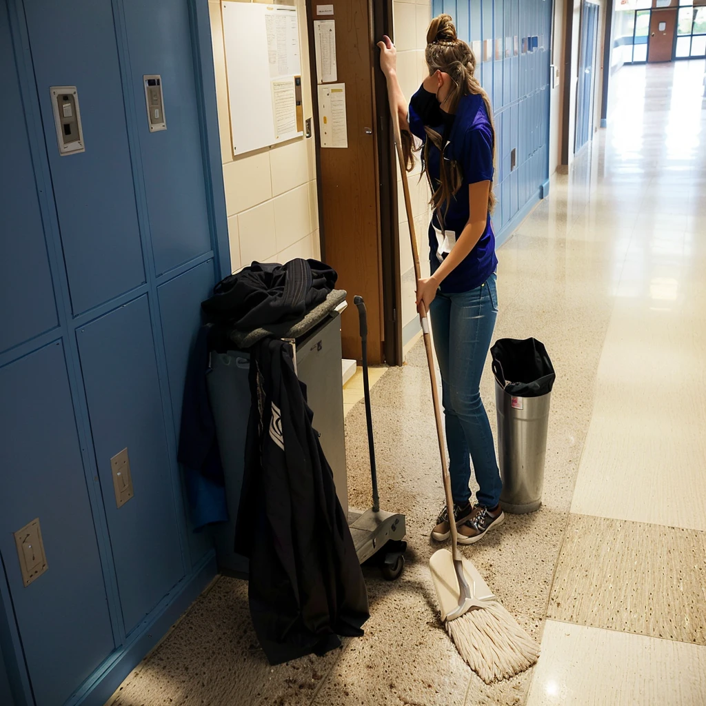 arafed woman sweeping the floor in a school hallway, high school, sweeping, clean detailed, super clean, miranda meeks, katey truhn, puttin, rachel wall, clean, alana fletcher, crisp and sharp, maintenance, clean line, jenna barton, b - roll, clean composition, nice composition, very clean, majestic sweeping action, perfect detail