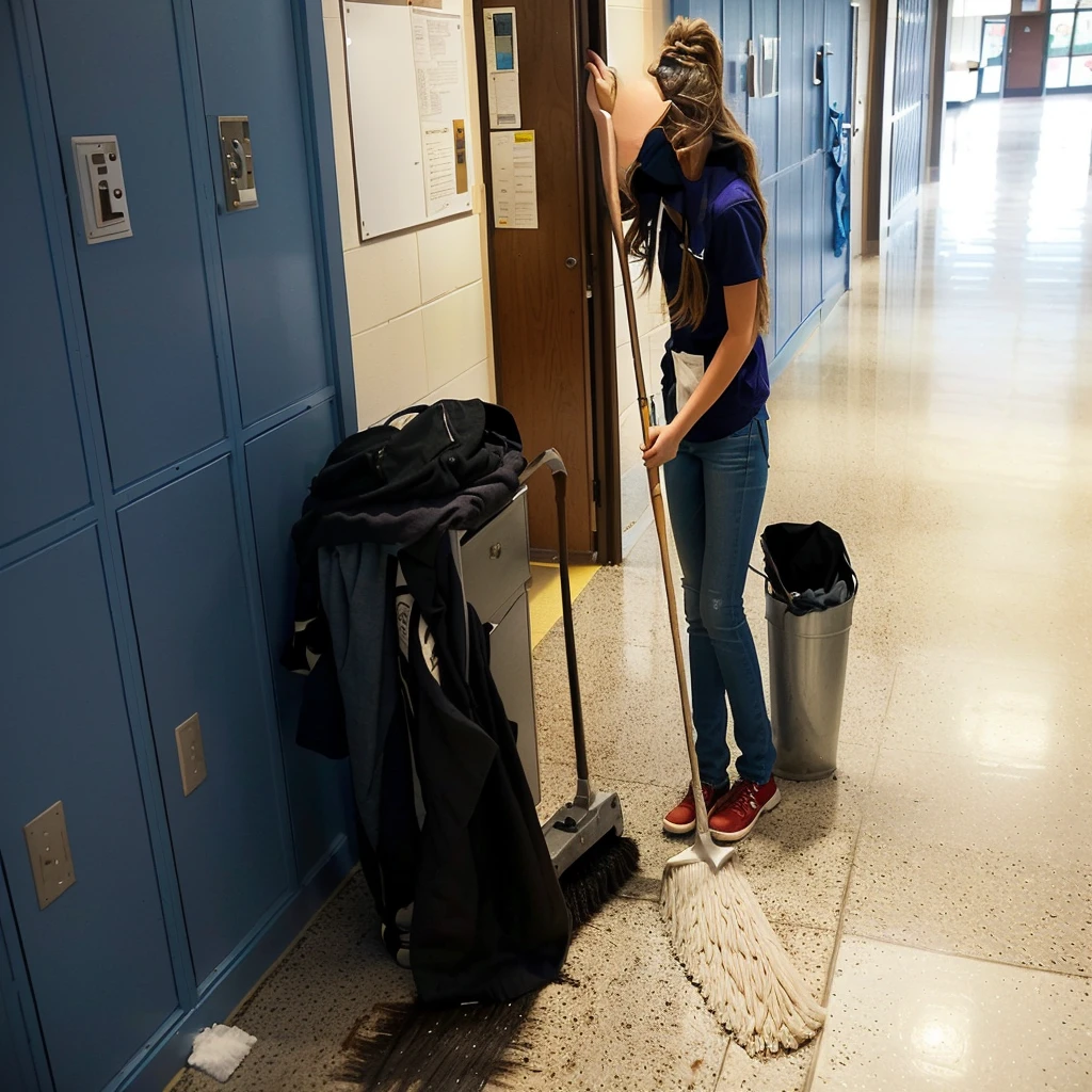 arafed woman sweeping the floor in a school hallway, high school, sweeping, clean detailed, super clean, miranda meeks, katey truhn, puttin, rachel wall, clean, alana fletcher, crisp and sharp, maintenance, clean line, jenna barton, b - roll, clean composition, nice composition, very clean, majestic sweeping action, perfect detail