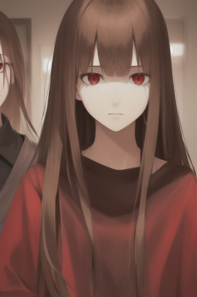 woman, long straight light brown hair, red eyes, with old clothes, dark inhabitant of terror