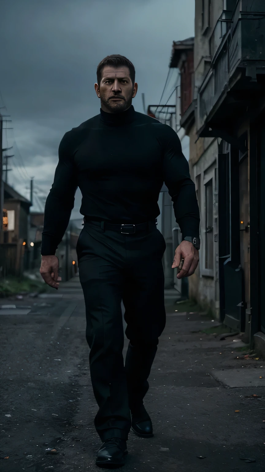Dark gothic village in the background, old Chris Redfield from Resident Evil 8, 48 year old, muscular male, tall and hunk, biceps, abs, chest, all black cold turtleneck, long sleeves, black trousers, suspenders, earpiece, belt, thick beard, cracking the hand's knuckles, cold face, video games style, high resolution:1.2, best quality, masterpiece, dark nightime, dark atmosphere, shadow, full body shot, wearing black socks no shoes