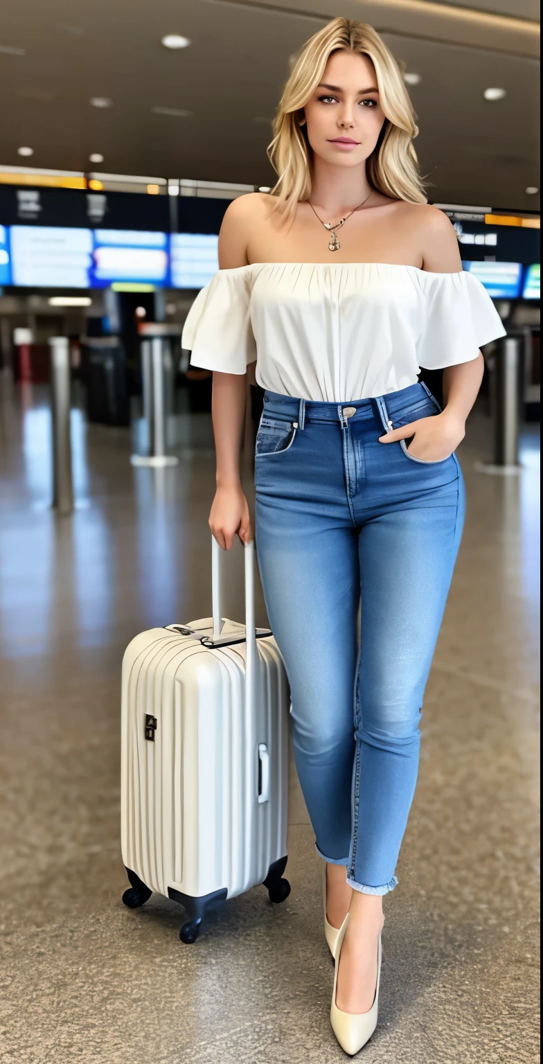 1fille dans, 25 ans, bare, Longhaire, Colossal, Regarder le spectateur, cheveux blonds, yeux bruns, jewels, full body, a necklace, off the shoulders, Chandails blanc, realistic, A sexy, petits, seins croustillants, Huge neckline, jeans, at the airport, very realistic, next to a suitcase, valise very realistic