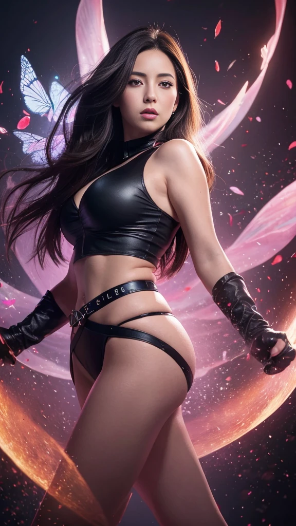 fullbody, portrait Illustration of PSYLOCKE from x-men, an beatiful japanese girl in fight pose envolve in a energy pink aura, little butterflies made of purple energy plasma; dark background, psylocke, realistic, photo-realistic, 8k, highly detailed, full length frame, High detail RAW color art, piercing, diffused soft lighting, shallow depth of field, sharp focus, hyperrealism, cinematic lighting Art by Frankenthaler, Cassatt, O'Keeffe, Vigée Le Brun, Alma Thomas, Gentileschi, Barbara Kruger, Lavinia Fontana, Dutch view, full body shot with Cannon EF 35mm f/1.4L II USM Lens