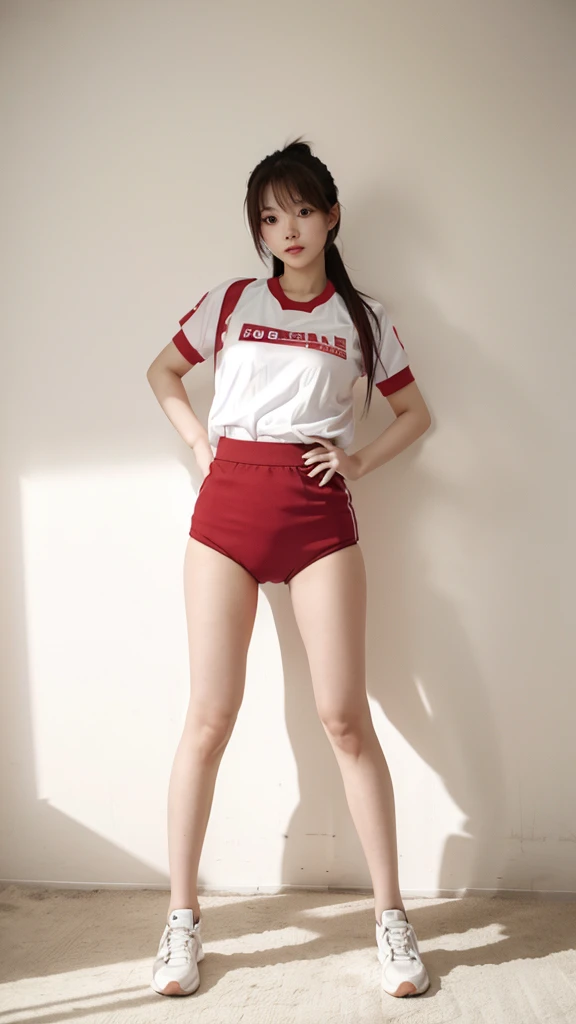 Korean lady in volleyball uniform full body standing 80s style