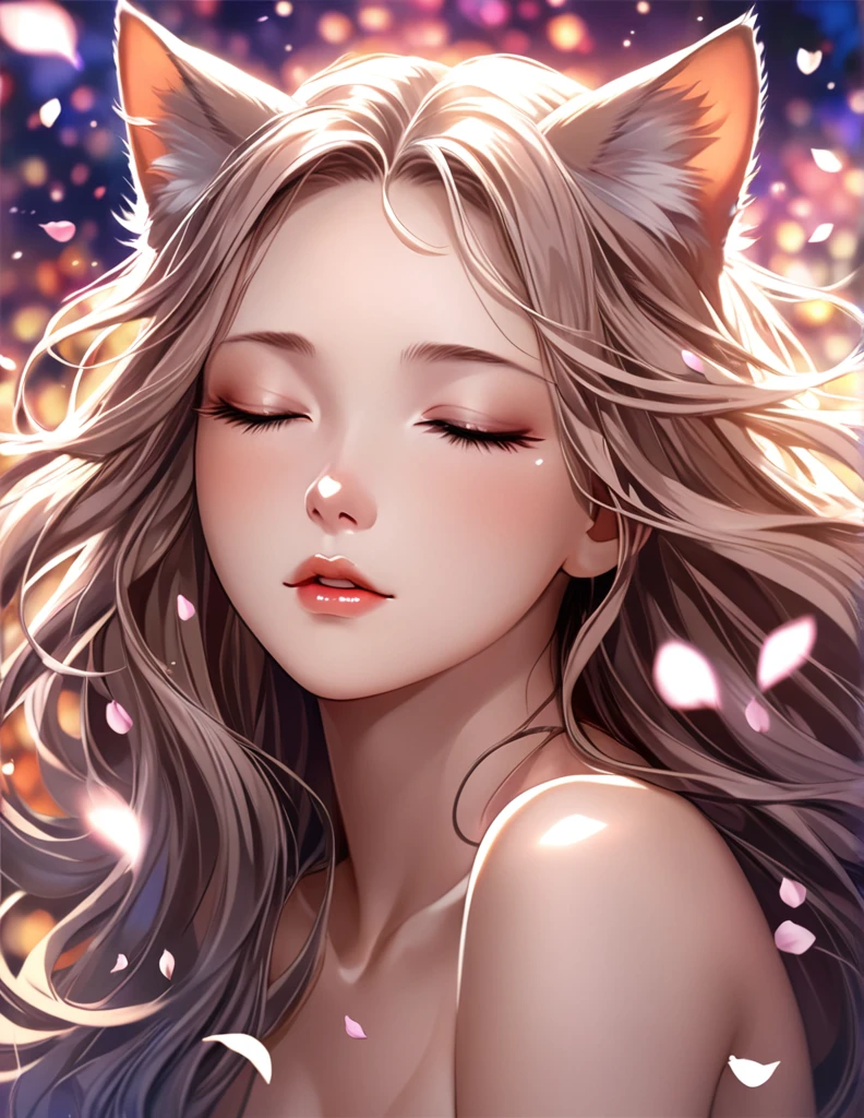 (Ah! My Goddess style:1.2) , Hallucination, daydream , nightmare , Insane Dream , bokeh , erotica , romance , cat nymph and realistic cat , Petals fluttering down , (Single eyelids, round nose, swollen cheeks) , glossy lips , Collarbone , Hair blowing in the wind , Goddess of lust