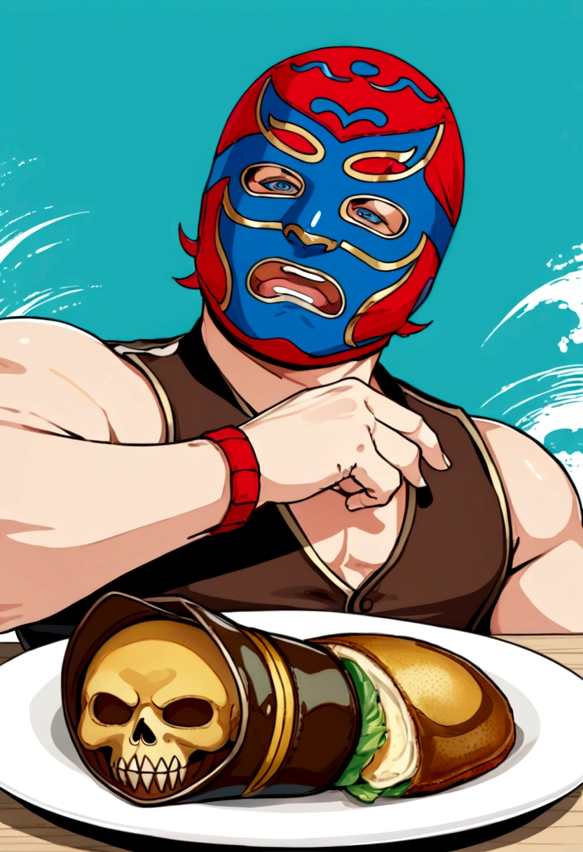 Lucha libre masked man, buff, wearing a suit and enjoys a nice meal. Album cover called "Ricky Meatloaf"