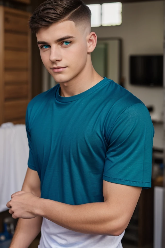 ((1boy wearing blue t-shirt, brunette low taper fade haircut)) green eyes, smirk