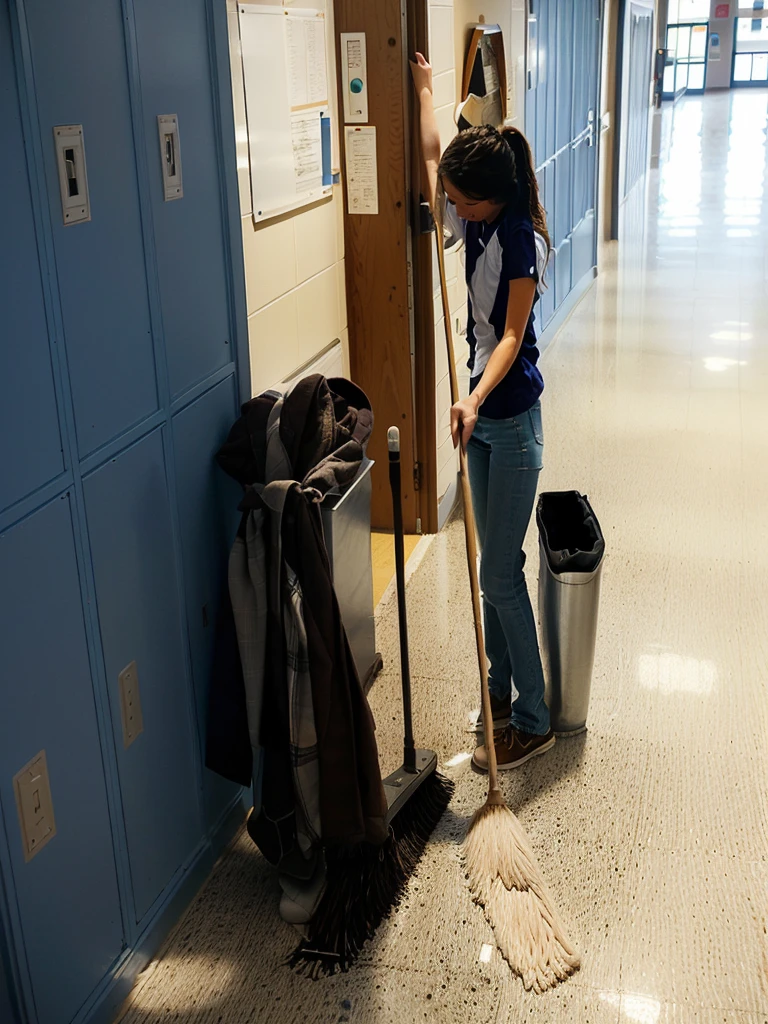 arafed woman sweeping the floor in a school hallway, high school, sweeping, clean detailed, super clean, miranda meeks, katey truhn, puttin, rachel wall, clean, alana fletcher, crisp and sharp, maintenance, clean line, jenna barton, b - roll, clean composition, nice composition, very clean, majestic sweeping action, perfect detail