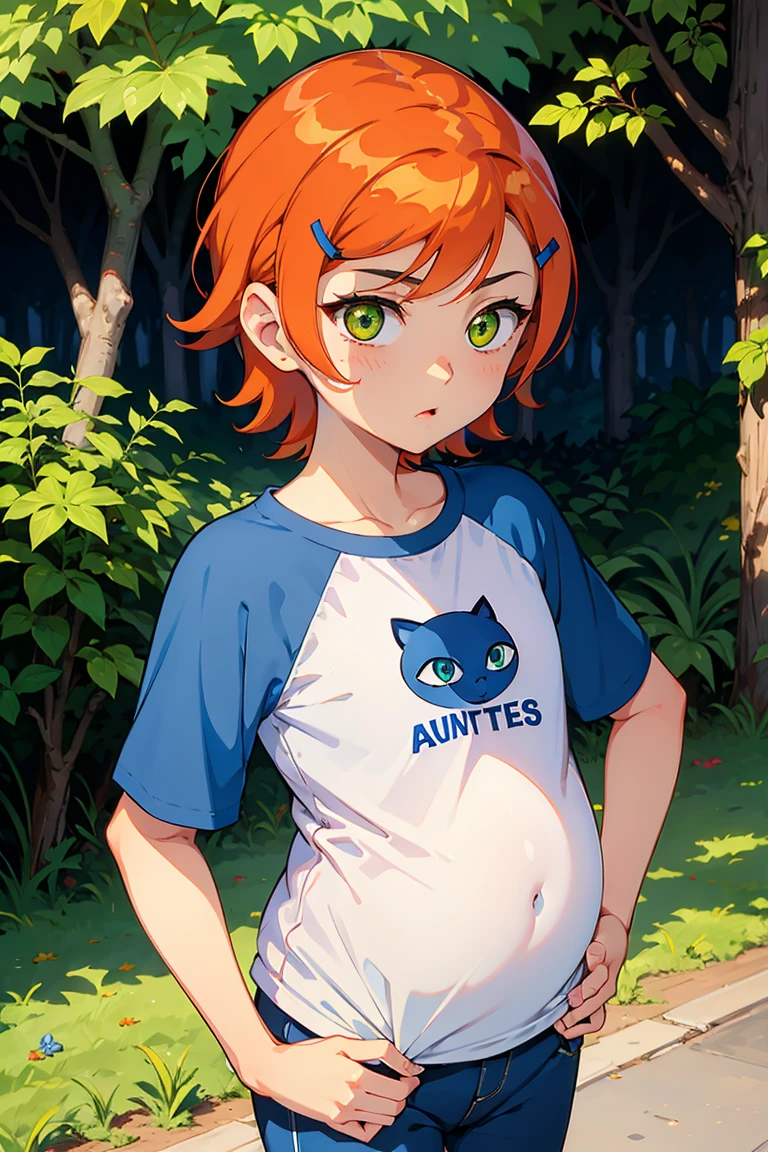 A stunning and intricate full color portrait in Ultra-HD, 10 year old girl, short orange hair, held in place by a blue hairpin and wearing sapphire earrings, green eyes, detailed face, wearing a blue and white raglan shirt, logo of a simple blue cat face, white pants, epic character composition, alessio albi, nina masic, sharp focus, natural lighting, subsurface dispersion, f2, 35mm, hyper-pregnant ****, flat chest 