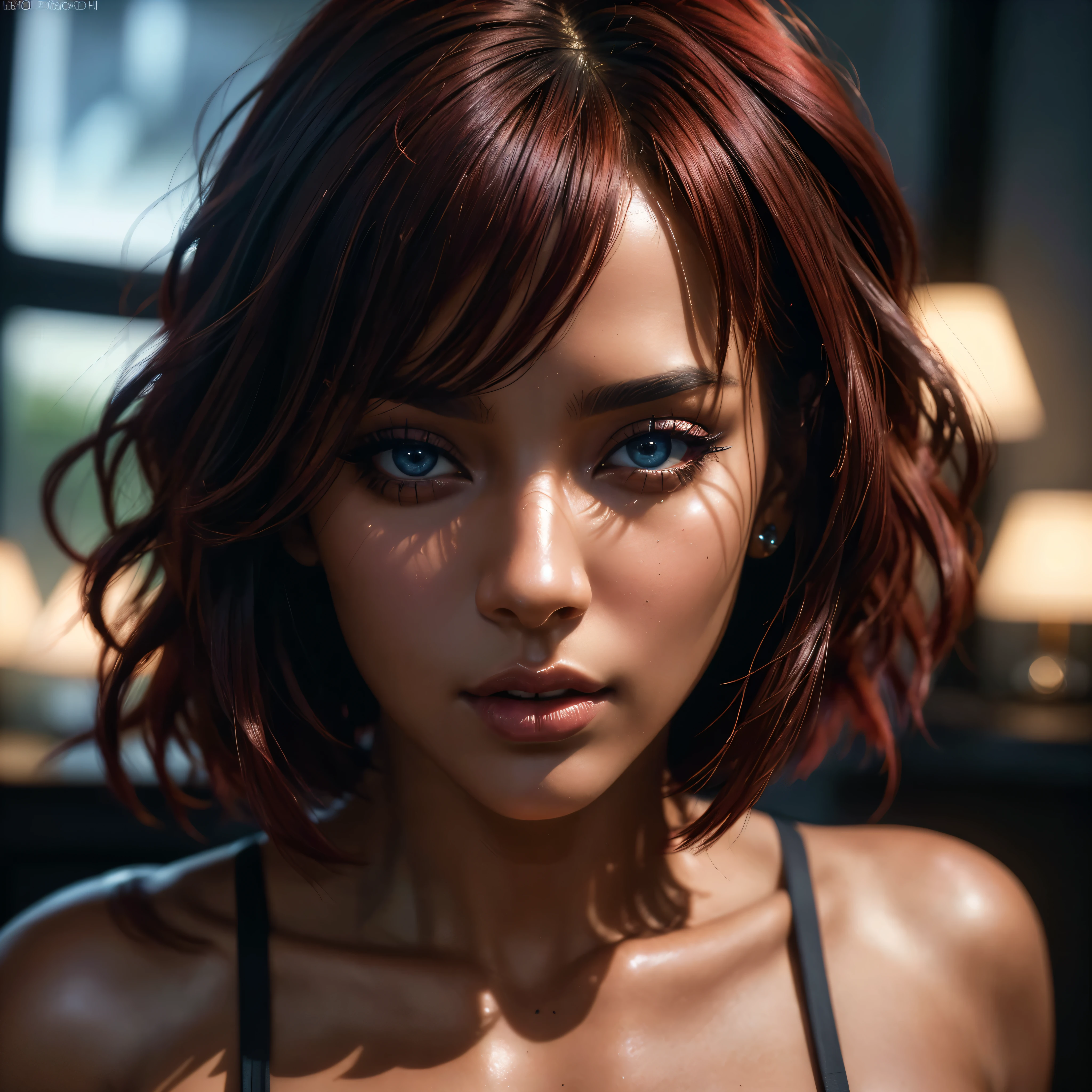 a beautiful woman with dark skin, red bob haircut, expressive blue eyes, wearing white lace lingerie, in a bedroom setting with a sexy, erotic atmosphere, (best quality,4k,8k,highres,masterpiece:1.2),ultra-detailed,(realistic,photorealistic,photo-realistic:1.37),portrait,chiaroscuro lighting,dramatic lighting,cinematic,dramatic colors,rich colors,glowing skin,detailed facial features,sensual,alluring, intricate details,dramatic lighting,cinematic composition,sensual,captivating expression,alluring. HDMI, HDRI, UDHD,((Diffuse effect)), ((volume effect 1.1)), ((Depth of field 1.1)), ((fisheye lens)