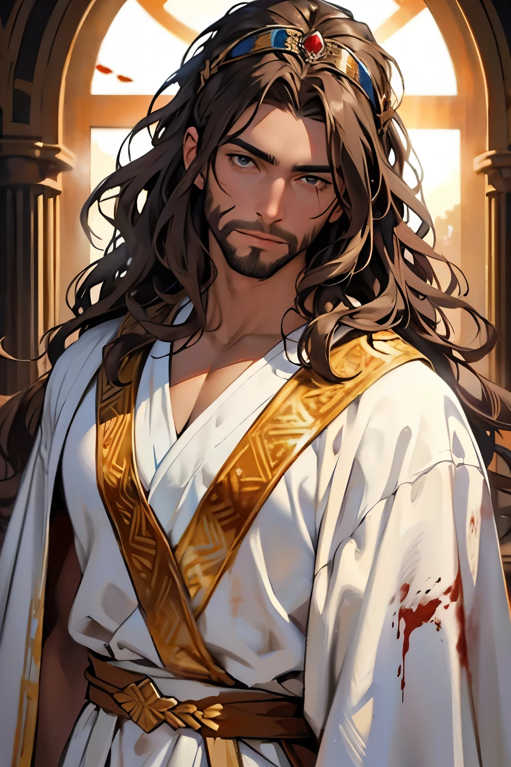 create an image in a semi-realistic painting style of Jesus with brown skin, wavy hair down to the shoulders, and wearing a diadem on the head and eyes like the sun, dressed in a white robe stained with blood him lookin at the front