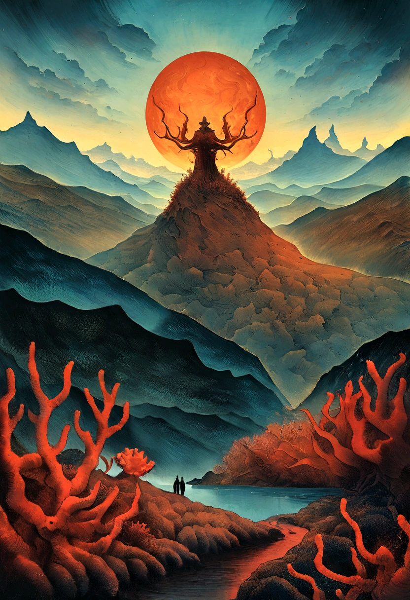 Mythical creatures, author:Zdzislaw Beksiński and Vincent Van Gogh, Album cover, romantic, Surrealism, Futuristic ,Satan, Coral, Wizard, Abstracted, dark, red, hell, landscape