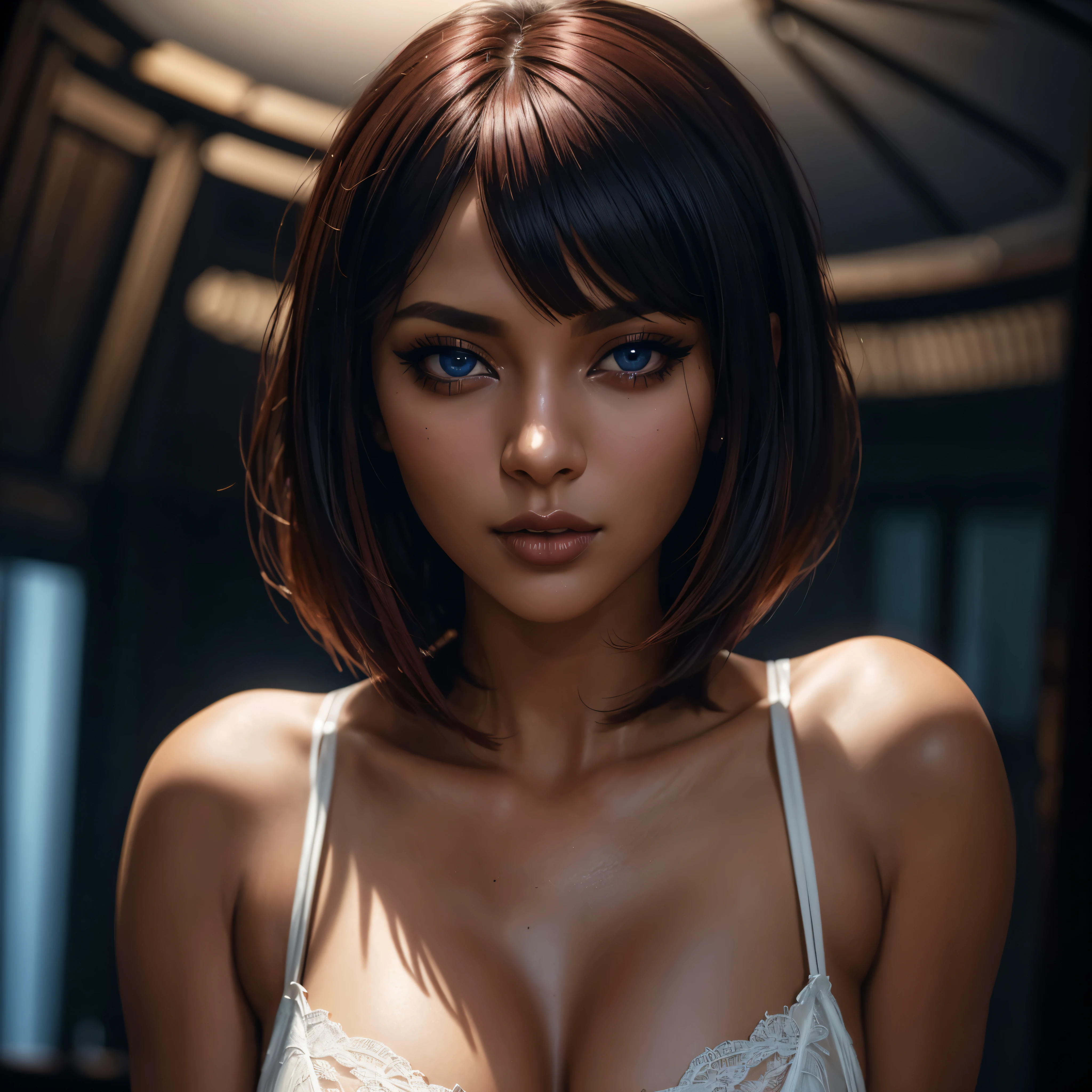 a beautiful woman with dark skin, red bob haircut, expressive blue eyes, wearing white lace , in a bedroom setting with a ,  atmosphere, (best quality,4k,8k,highres,masterpiece:1.2),ultra-detailed,(realistic,photorealistic,photo-realistic:1.37),portrait,chiaroscuro lighting,dramatic lighting,cinematic,dramatic colors,rich colors,glowing skin,detailed  features,sensual,alluring, intricate details,dramatic lighting,cinematic composition,sensual,captivating expression,alluring. HDMI, HDRI, UDHD,((Diffuse effect)), ((volume effect 1.1)), ((Depth of field 1.1)), ((fisheye lens)