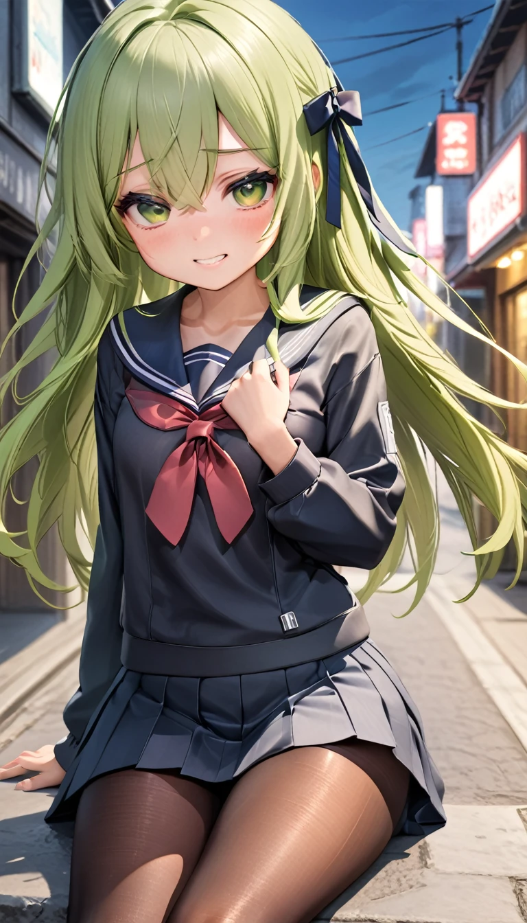 (masterpiece,Highest quality,Ultra-high resolution),(Perfect Face, Perfect body、Perfect hands、Refers to 5 books),1girl,(Kilo, green eyes, green hair, long hair, hairband, black hair ribbon, pantyhose),(JK,Sailor suit),(very young),(Blushing, embarrassed),(very embarrassing,Embrace sex,In town,Hikage),(covering eyes)