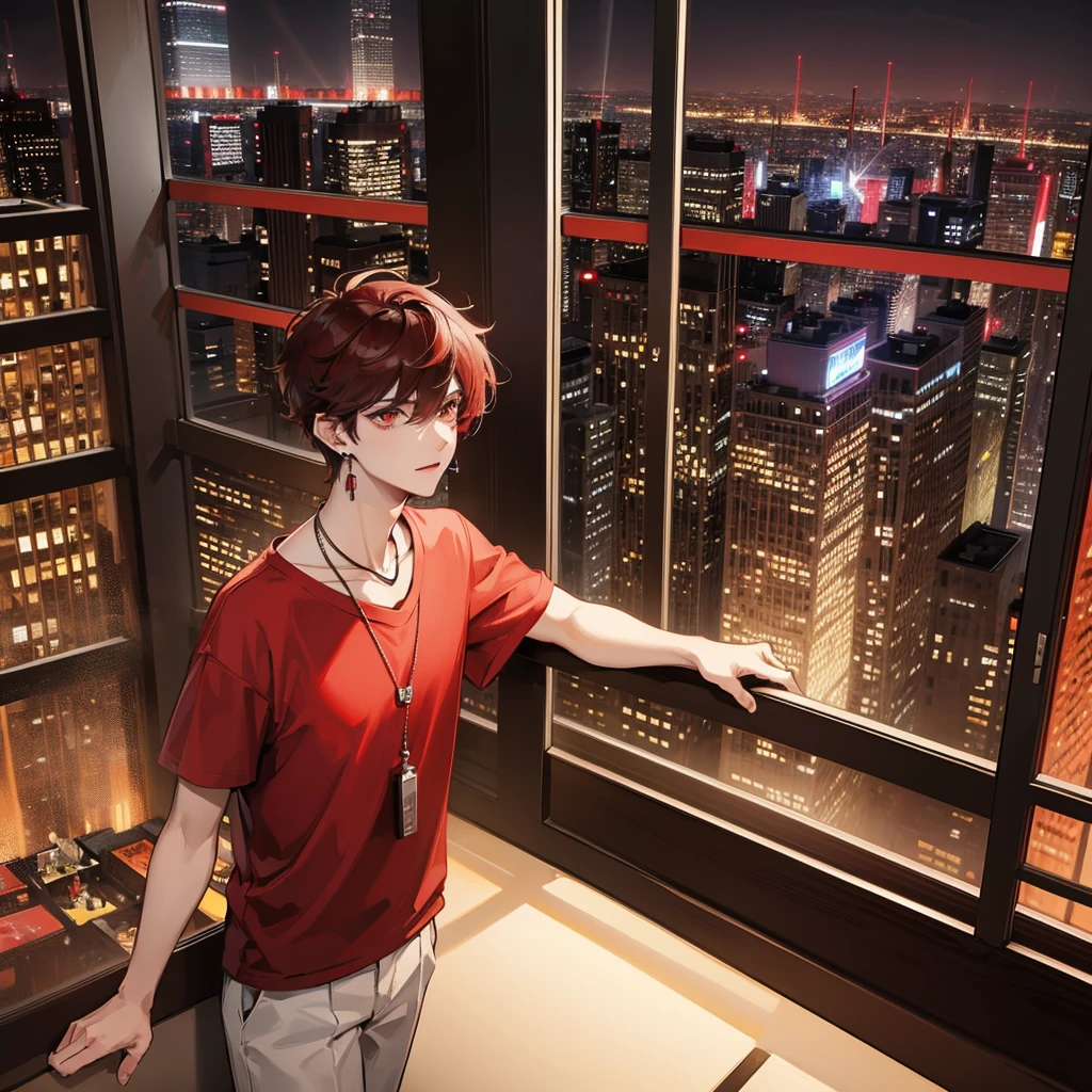 A gentleman,with red eyes and dark red hair with wolf cut hairstyle,wearing oversize t-shirts,wearing earrings and necklace,at hotel look at city view from window