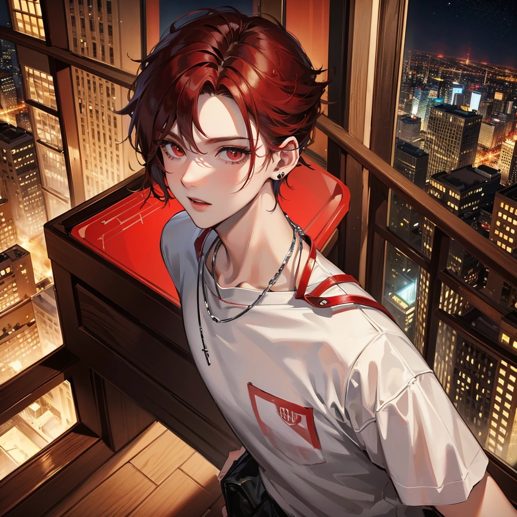 A gentleman,with red eyes and dark red hair with wolf cut hairstyle,wearing oversize t-shirts,wearing earrings and necklace,at hotel look at city view from window