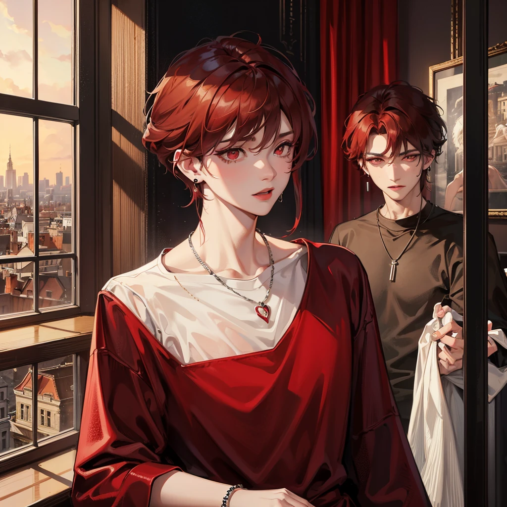 A gentleman,with red eyes and dark red hair with wolf cut hairstyle,wearing oversize t-shirts,wearing earrings and necklace,at hotel look at city view from window