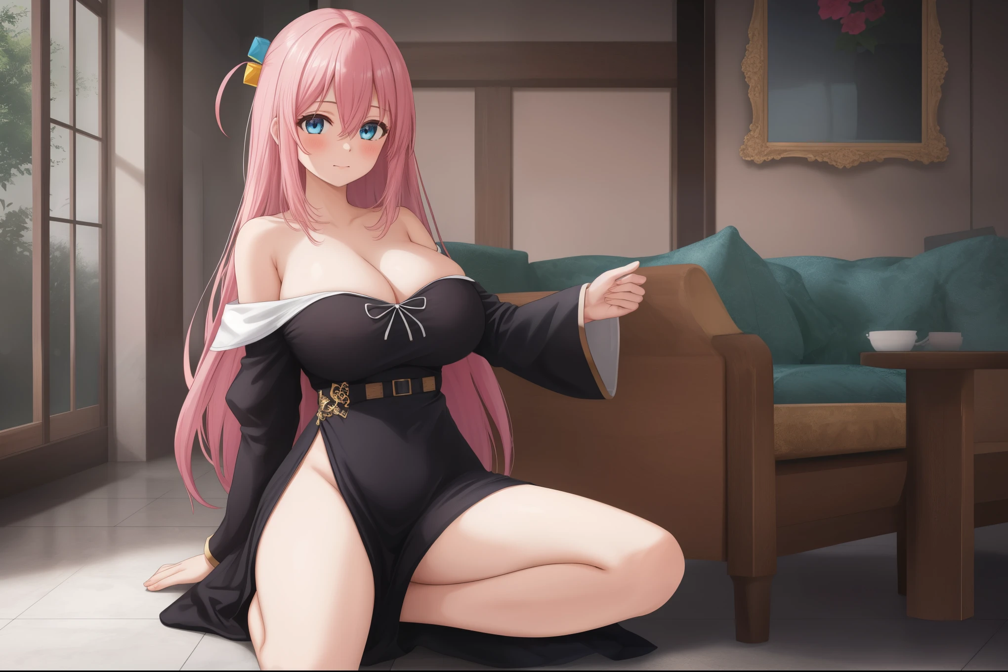 girl, solo, beautiful body, perfect body, nice body, (),

gotoh hitori, pink hair, long hair, hair between eyes, blue eyes, cube hair ornaments, 1girl, , solo, dress, black_dress, long_sleeves, off_shoulder, sleeves_past_wrists, _shoulders, sitting, looking_at_viewer, closed_mouth, hair_between_eyes, blush, side_slit, _legs, indoors, tiles,

official art, extremely detailed CG unity 8k wallpaper, perfect lighting, Colorful, (best_quality:1.0), ultra high res,4K, ultra-detailed, 8K, HDR, high resolution,  absurdres:1.2, film grain, (vibrant_color:1.2), (narrow waist), , (masterpiece:1.2), ((best quality:1.3)), ultra-detailed, ray-traced, high-fidelity textures, crisp focus, dynamic pose, dynamic art, dynmic angle, 