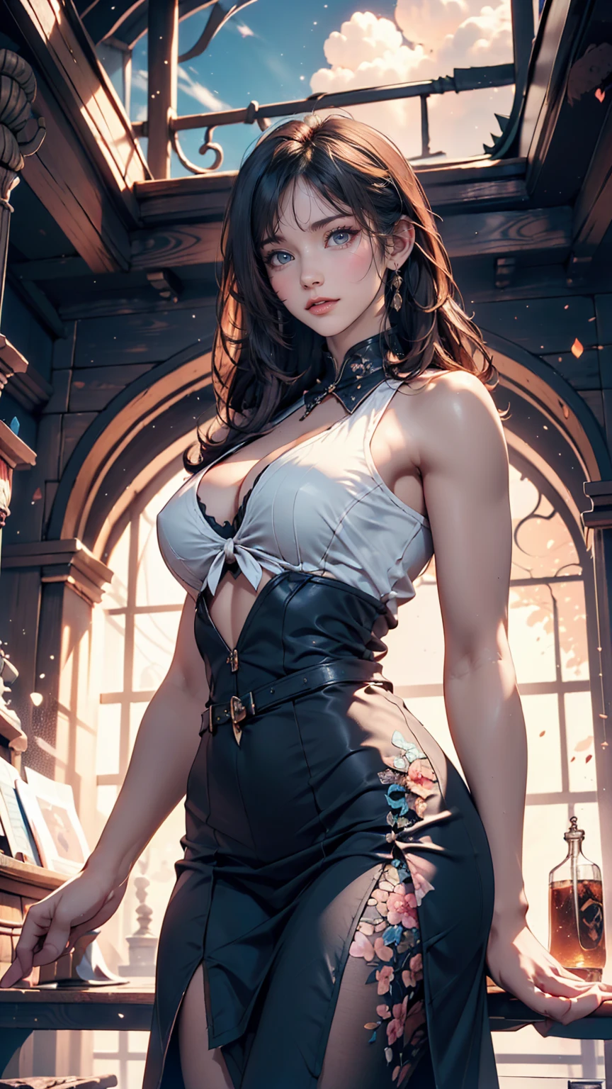 (magical pretty null blue stream overlay scene), (null), (cloud), Soft lighting, Clean background, beautiful null scenery, masterpiece, high quality, Beautiful graphics, High detail,By Thomas Kinkade, Art Station, Sharp focus, Inspiring 8k wallpapers,、24-year-old woman、Sexy proportions、Sexy、Narrow waist、slender