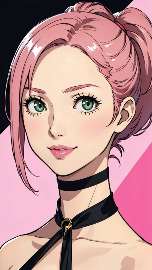 1 girl , green eyes, very Short hair, pink choker, lipstick, Shy smile, pink hair , portrait , ponytail