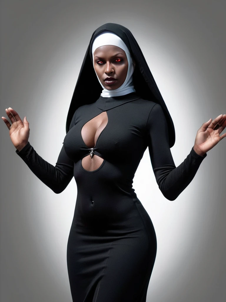 ral-opal, meahophontron, whole body, Sexy woman face, devil nun, negro, looking to the camera, nun body clothing, Red eyes, primer plano looking to the camera, realist, Beautiful woman, cara sexy, black clothes, gray and red, big tits.