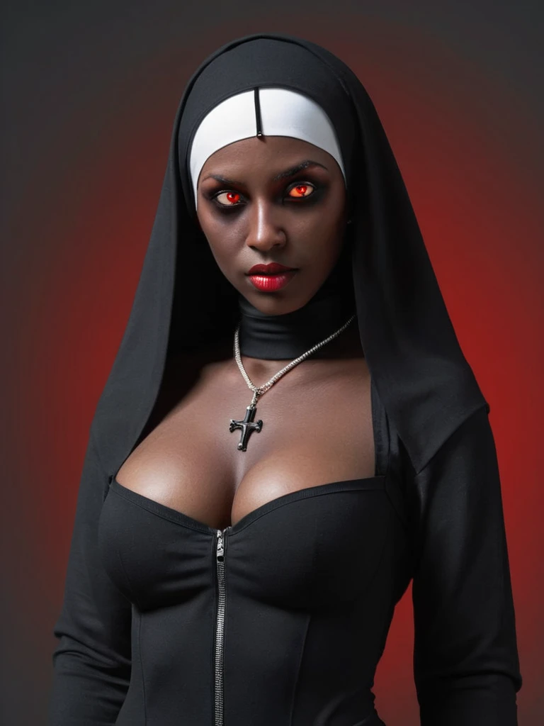 ral-opal, meahophontron, whole body, Sexy woman face, devil nun, negro, looking to the camera, nun body clothing, Red eyes, primer plano looking to the camera, realist, Beautiful woman, cara sexy, black clothes, gray and red, big tits.