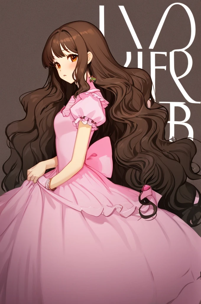 I need an anime style girl with brown eyes, long wavy brown hair, The girl must wear a pink and white princess dress with black, long and with accessories, with the phrase "Typa girl"