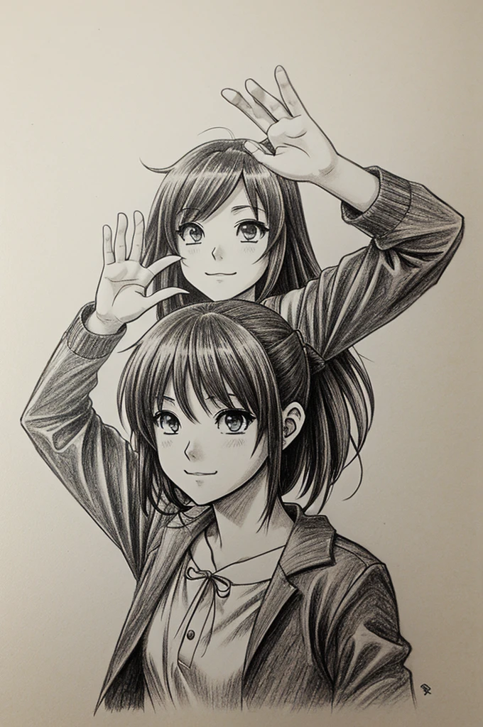 An anime-type drawing of a girl waving