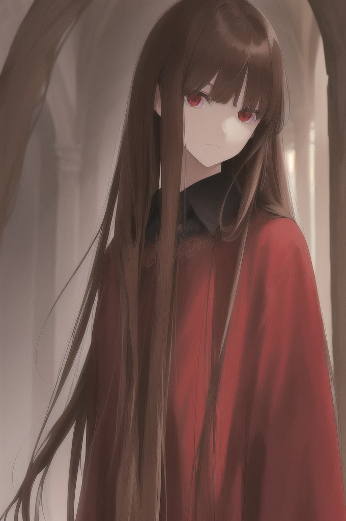 woman, long straight light brown hair, red eyes, with old clothes, dark inhabitant of terror, alone