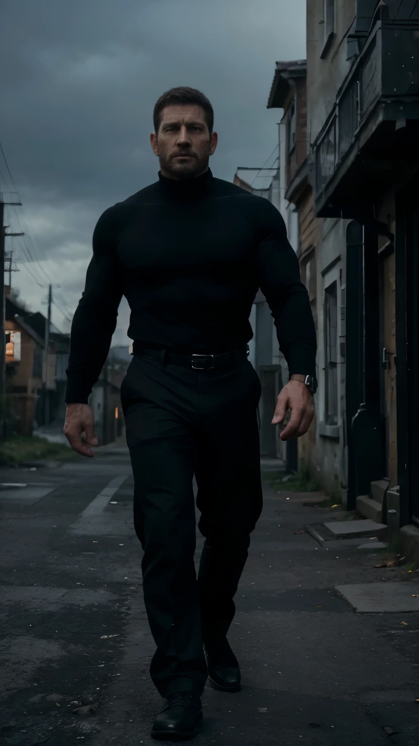 Dark gothic village in the background, old Chris Redfield from Resident Evil 8, 48 year old, muscular male, tall and hunk, biceps, abs, chest, all black cold turtleneck, long sleeves, black trousers, suspenders, earpiece, belt, thick beard, cracking the hand's knuckles, cold face, video games style, high resolution:1.2, best quality, masterpiece, dark nightime, dark atmosphere, shadow, full body shot, wearing black socks, not wearing shoes