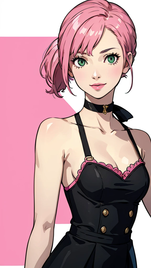 1 girl , green eyes, very Short hair, pink choker, lipstick, Shy smile, pink hair , portrait , ponytail