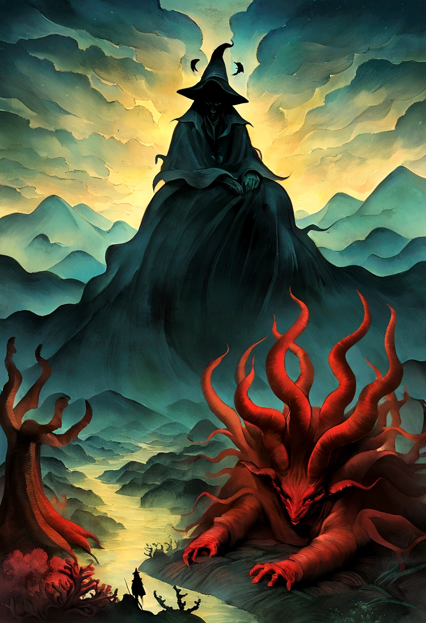 Mythical creatures, author：Zdzislaw Beksiński and Vincent Van Gogh, Album cover, Satan, Coral, Wizard, dark, red, hell, landscape