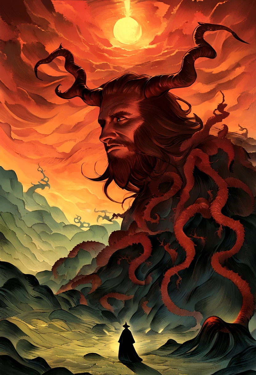 Mythical creatures, author:Zdzislaw Beksiński and Vincent Van Gogh, Album cover, Satan, Coral, Wizard, dark, red, hell, landscape