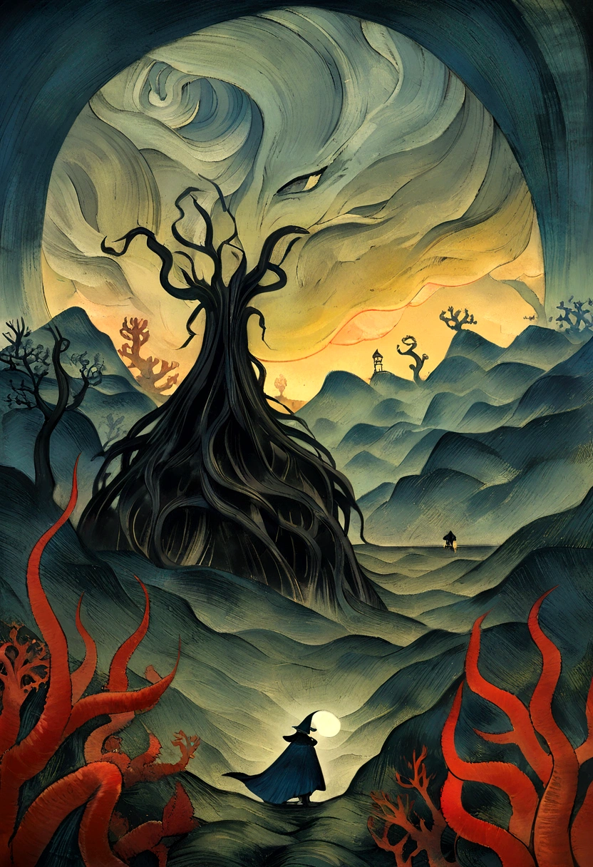 Mythical creatures, author:Zdzislaw Beksiński and Vincent Van Gogh, Album cover, Satan, Coral, Wizard, dark, red, hell, landscape