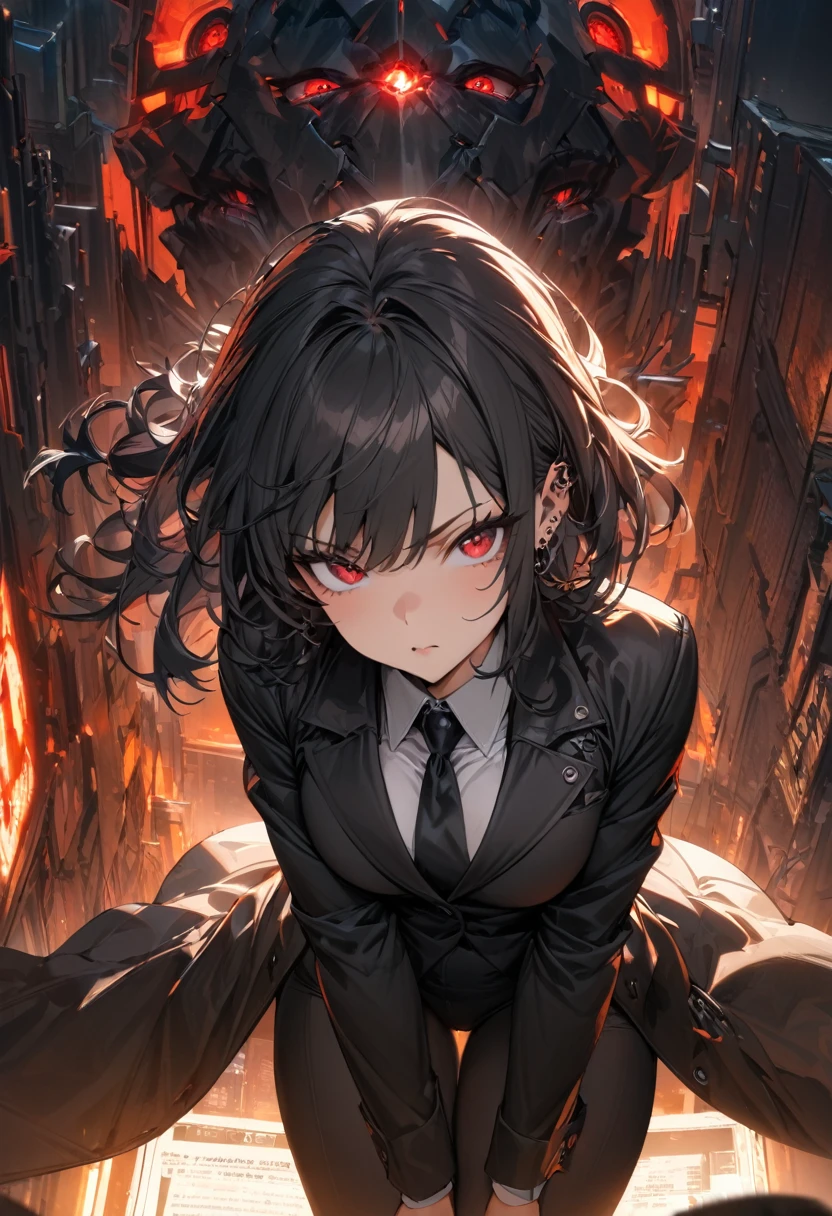 (masterpiece:1.2),(best quality:1.2),(masterpiece, best quality, ultra-high resolution), (1girl), (1 character), Short black hair, sharp and calculating eyes, tight black suit, piercing and calculating gaze, professional and lethal attitude, professional killer, red eyes, killer gaze