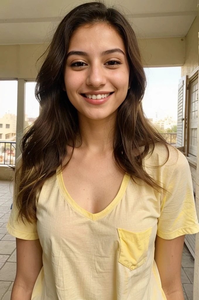 20YO, small nose, one women,attractive, Jordanian, Arab, Bright Yellow shirt, cute smile, cute face, white teethes, skinny face, light brown eyes, black/blonde long hair, modest