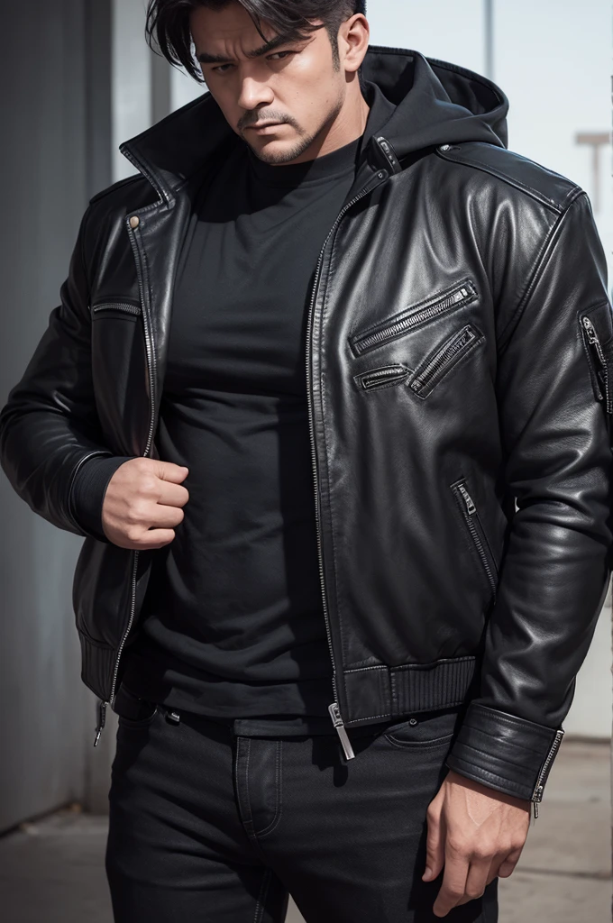 Make an image of a strong man who has his back with a black leather jacket and on the jacket is written NKP and a dragon drawn, he is holding a large gun. 