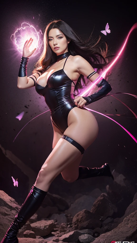 fullbody, portrait Illustration of PSYLOCKE from x-men, an beatiful japanese girl in fight pose envolve in a energy pink aura, little butterflies made of purple energy plasma; dark background, psylocke, realistic, photo-realistic, 8k, highly detailed, full length frame, High detail RAW color art, piercing, diffused soft lighting, shallow depth of field, sharp focus, hyperrealism, cinematic lighting Art by Frankenthaler, Cassatt, O'Keeffe, Vigée Le Brun, Alma Thomas, Gentileschi, Barbara Kruger, Lavinia Fontana, Dutch view, full body shot with Cannon EF 35mm f/1.4L II USM Lens