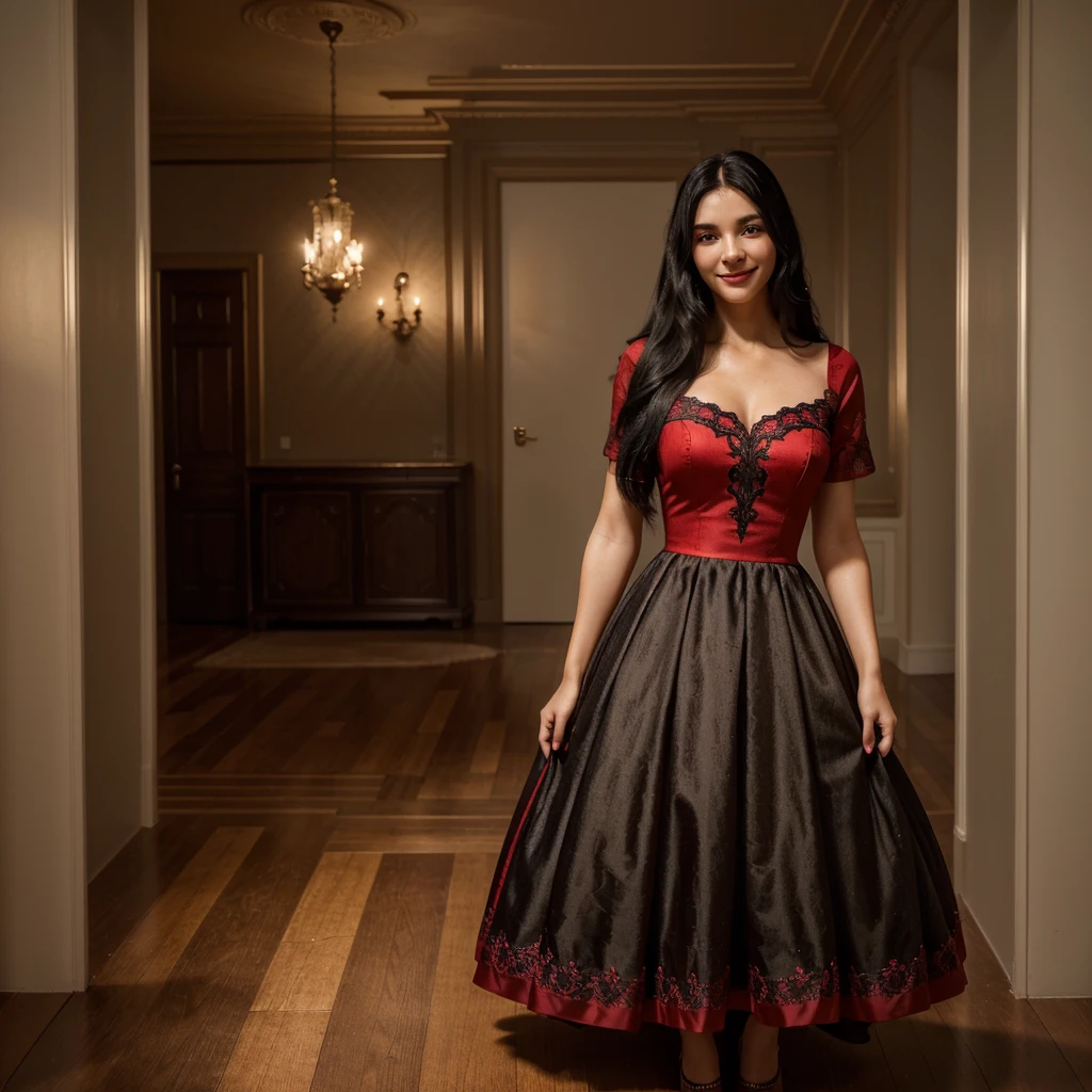 1girl, long black hair, beautiful detailed eyes, beautiful detailed lips, smiling, red dress, standing in a room, elegant pose, high quality, 8k, photorealistic, cinematic lighting, beautiful colors, intricate details, masterpiece