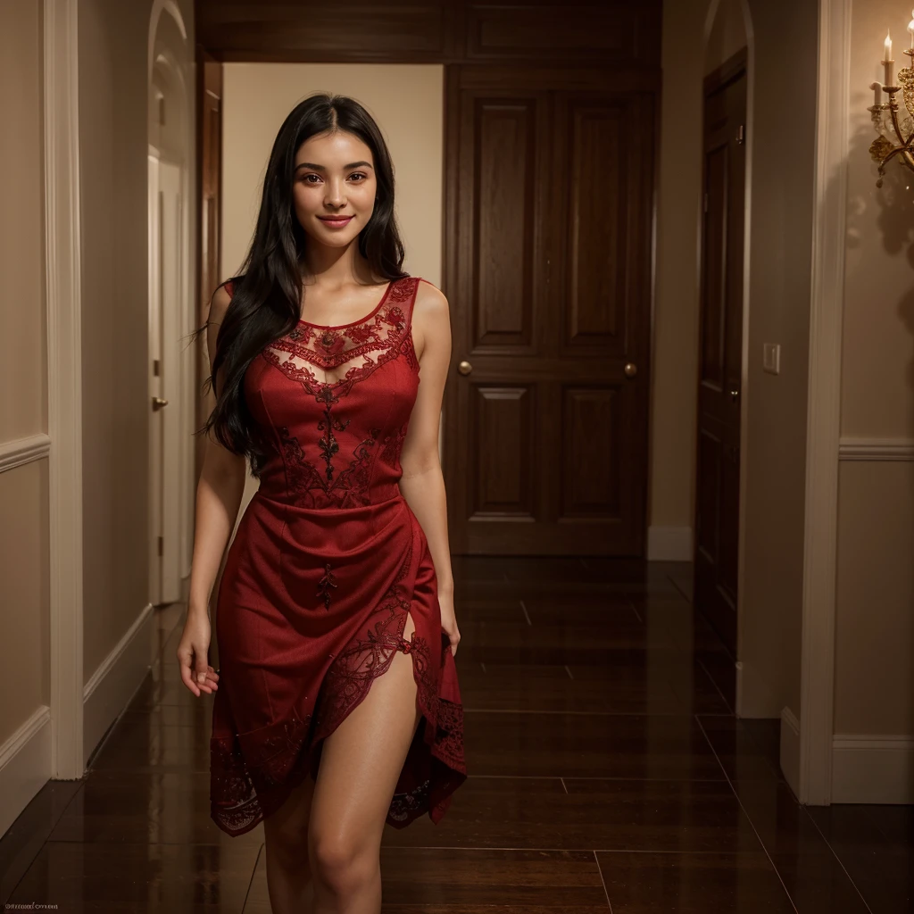 1girl, long black hair, beautiful detailed eyes, beautiful detailed lips, smiling, red dress, standing in a room, elegant pose, high quality, 8k, photorealistic, cinematic lighting, beautiful colors, intricate details, masterpiece
