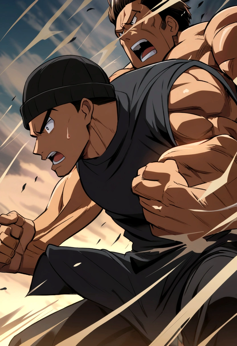 Fit boy with black beanie hat and medium long brown hair, fighting a muscular black man with no hat and short hair, in anime style